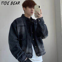 TIDE BEAR ความรู้สึกเฉพาะของผู้ชายในการออกแบบแจ็คเก็ตผ้าเดนิมแจ็คเก็ตสั้นแฟชั่นลำลอง