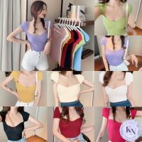 ?Korea NEW เสื้อไหมพรมร่องแขนสั้นทรงรัดรูป คอกว้าง 8 สี