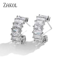 ZAKOL Trendy Mutilcolor Baguette Cubic Zirconia T Stone Stud Earrings For Women Circle Bridal Wedding Accessories EP2528