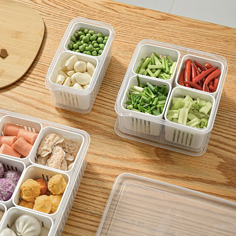 Refrigerator Storage Box 4/6 Grid Food Vegetable Fruit Storage Box Fridge  Organizer Drain Basket Meat Onion Ginger Clear Crisper