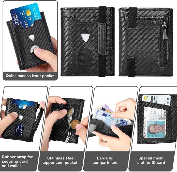 layor-wallet-มินิขนาดเล็กผู้ถือบัตรกระเป๋าสตางค์ผู้ชายบางคาร์บอนหนังกระเป๋า-rfid-กรณีบัตรช่องซิปเหรียญสีดำ