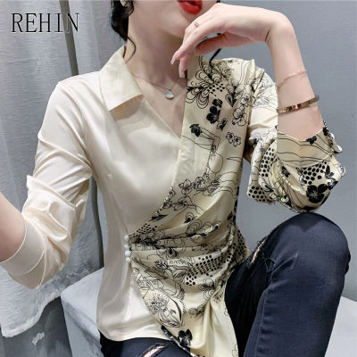 REHIN เสื้อชุดเดรสปาร์ตี้ซาตินแขนยาวคอวีพิมพ์ลายสำหรับผู้หญิง,เสื้อเบลาส์แขนสั้นเข้ารูปเอวสูงแฟชั่นใหม่