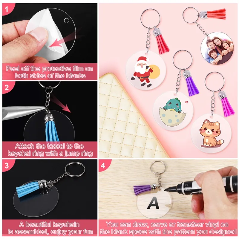 240Pcs Acrylic Keychain Blanks with Keychain Ring Colorful Tassels