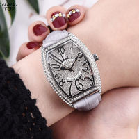 Women Diamond Watch Tonneau Shaped Dial Iced Out Case Clock Female Wristwatch Rhinestone Inlay Elegant Genuine Leather Reloj