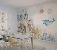 ❡♤ Decorative wallpaper Cartoon style castle whale rabbit background wall painting