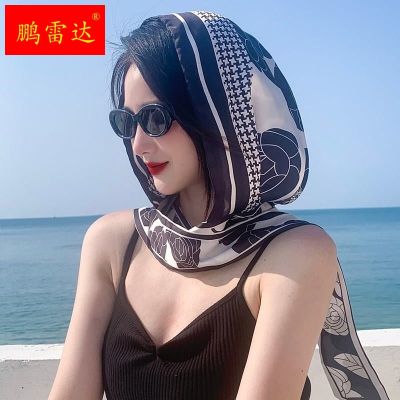 卐✔ layered double-sided hat headscarf womens bag head spring and summer tourism sun protection shading silk scarf all-in-one versatile satin scarf