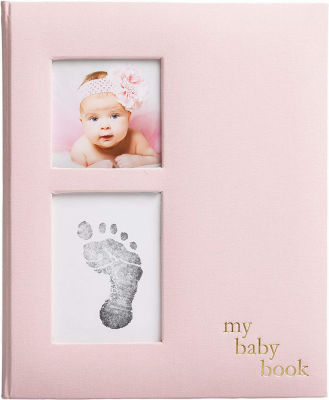 Pearhead Linen Baby Memory Book and Clean-Touch Ink Pad, Baby Girl Accessory, Baby Milestones Photo Album, Pink