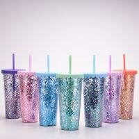 【YP】 Europe and the States 2023 new double-layer plastic cup simple transparent sequin glitter powder straw large-capacity summer water