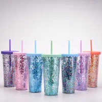 【YP】 Europe and the States 2023 new double-layer plastic cup simple transparent sequin glitter powder straw large-capacity summer water