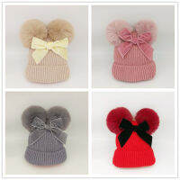 หมวกถักโบว์ลูกบอลคู่สำหรับเด็ก baby children pompoms hat