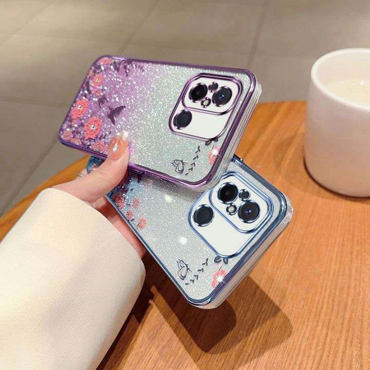 เคสกากเพชรสำหรับเรดมี่12c-12-10c-10a-9c-4g-redmi12-redmi12c-โทรศัพท์ซิลิโคน-tpu-ยืดหยุ่นฝาหลังอ่อนนุ่มเคสกันกระแทกมือถือแวววาวปกป้องผิวชุบลายดอกไม้ไล่ระดับสี