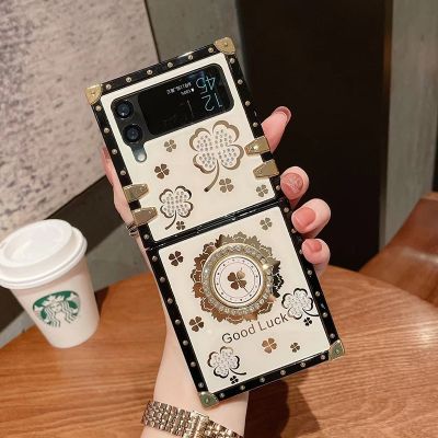 （cold noodles）   Z Flip4น่ารักคริสตัลหญ้าหมุดทองสแควร์ปกโทรศัพท์สำหรับ Samsung Galaxy Z พลิก4 3 5กรัม Rhinestone นาฬิกาแบบยึดกรณี