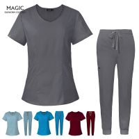 nursing Work Uniforms Women Casual Short Sleeved V-neck Solid Hospital Doctor Uniform Pocket Summer Medical Jogger Suits for Women