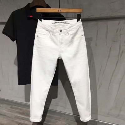 【CC】○✖  Mens Jeans Korean Fashion Soild Straight Slim-fit Cropped Denim Pants Men Clothing