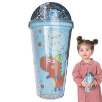 Dinosaur Straw Cup 450Ml Dino Kids Insulated Water Bottle Kids Leakproof Straw Cup Insulated Water Bottle Double Layer Sequin AS