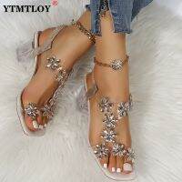 Summer Women Sandals Pvc Crystal Flower Decoration Chunky Heel Peep Toe Back Strap Elastic Band Elegant Fashion Shoes Ladies