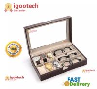 igootech Cassablu กล่องนาฬิกา 6 เรือน กล่องใส่แว่นตา 3 อัน หนังสีน้ำตาล ด้านในบุกำมะหยี่ ฝากระจก พร้อมตัวล็อค กล่องใส่นาฬิกา กล่องเก็บนาฬิกาข้อมือ กล่องใส่เครื่องประดับ