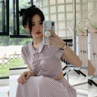 [2 Pieces] (NEW Ready Stock)  Striped Suit Women New Korean Style Lapel Short Top + Waist Easy-Matched Long Dress Two Piece Set Baju Perempuan