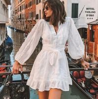 Summer Dresses For Women 2023 White Spring New Dress V-Neck Long Sleeve Dress Sweet Lace-Up Short Ruffled Edge Casual Ladies