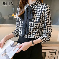 REHIN ผู้หญิงฤดูใบไม้ร่วงใหม่ Houndstooth พิมพ์แฟชั่นลายสก๊อตเสื้อแขนยาว Niche ทุกการแข่งขันสไตล์เสื้อหรูหรา