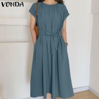 ☫∏ VONDA Women Korean Round Neck Short Sleeve Casual Tunic Pleated Long Dress