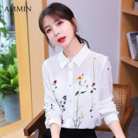 AMMINสไตล์เกาหลีเสื้อเชิ้ตผ้าไหมสีขาวใหม่ของผู้หญิงแฟชั่นแขนยาวพิมพ์เสื้อลำลองหลวม