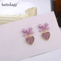 Romantic Bowknot Heart Earrings Love Heart Purple Stud Earrings For Women Shiny Korean Style Women Jewelry Earrings