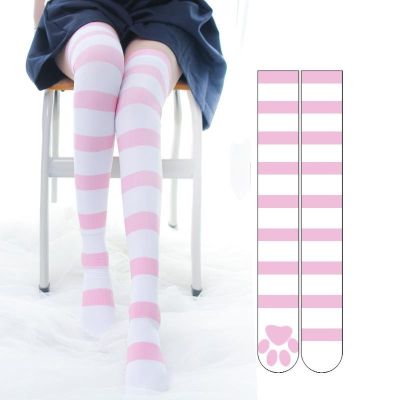 【Ready Stock😎】 Cosplay Over Knee Socks Pink Strip Kawaii Cat Paw Print Stockings Lolita Gothic Velvet Overknee Thigh High Long