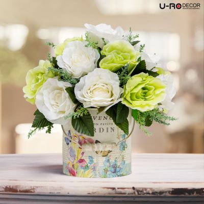 U-RO DECOR รุ่น ช่อกุหลาบ(สีเขียว-ขาว)ในกระถางดอกไม้ BIENVENUE JARDIN-S (เบียนเวอนู จาร์ดีน-เอส) ยูโรเดคคอร์ กระถาง แต่งบ้าน ใส่ของ  ดอกไม้ ประดิษฐ์ flower ช่อดอกไม้