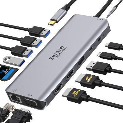 Selore&amp;S-Global USB C Docking Station Dual Monitor,USB C Dual Monitor 2 HDMI Adapter,Triple Display 4K HDMI&amp;VGA,14 in 1-3USB3.0&amp;2USB2.0,Gigabit Ethernet,100W PD,SD/TF Card Reader,Type-C Data Transfer,3.5mm Audio