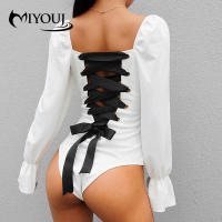 MIYOUJ Fashion Women Bodysuit Long Sleeved Shirt Bubble Sleeves Clothes Bodysuits Back Cross Straps Body Black Top Jumpsuit