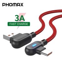 PHOMAX สายไมโคร USB ชนิด C ยาว0.25เมตรไฟ LED สายเล่นเกม90องศาสำหรับชาร์จ IPad Samsung Xiaomi Huawei โทรศัพท์มือถือ