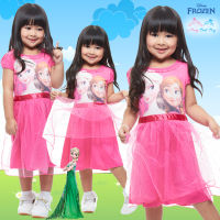 Dress for kids girl ชุดเดรสเด็กหญิง ลายเจ้าหญิงโฟรเซ่น สีชมพูเข้ม เสื้อแขนสั้น กระโปรงสั้น สุดน่ารัก