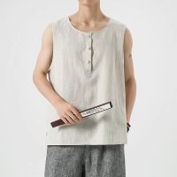 、’】【= Mens Sleeveless Tank Top Shirt Casual Summer Linen Cotton Solid Color Round Neck T-Shirt Men Oversized Pullover Tops