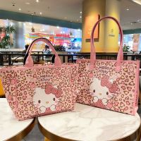 Cutee Mist Flower Pink Leopard Print KT Cat PU Tote Bag Single Shoulder Backpack Love Girl Heart Large Capacity Commuter Bag