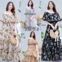 J18024 แม็กซี่เดรสยาว เปิดไหล่ ลายดอกไม้ long maxi dress open shoulder floral print