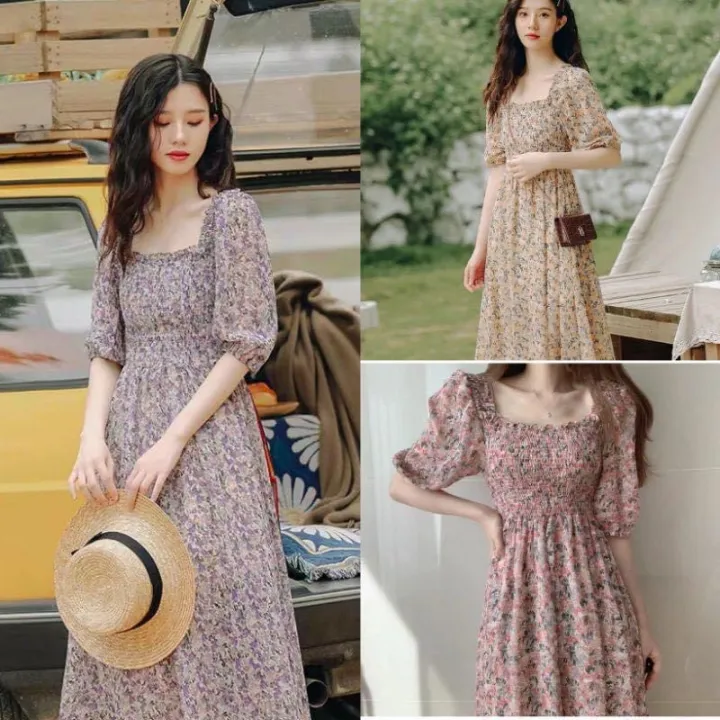 French Neck Puff Sleeve Midi Dress Lazada PH