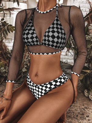 hotx 【cw】 3 Pieces Checkered Print Swimsuit   Mesh Top Set Swimwear Female Beachwear Bathers Bathing