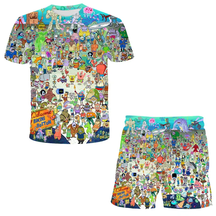 2022-summer-sponge-funny-pattern-casual-sports-suit-boys-and-girls-printed-t-shirts-girls-clothes-casual-suits-3-14-years-old