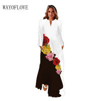 WAYOFLOVE Woman Spring Autumn Vintage Long Dress Elegant Long Sleeve Beach Casual Rose Print Vestids V Neck Loose Dresses Party