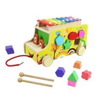 Wooden Toys Pull Bus for Kids with Music Keyboard Xylophone Shape Sorting Toddler Educational Learning Toy Game