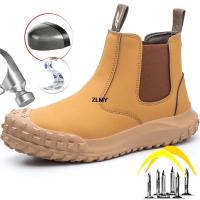 Slip On Safety Shoes Men Steel Toe Shoes Stab Proof Anti-Spark Work Safety Boots Man Construction Anti-Slip Work Boots Chelsea ~