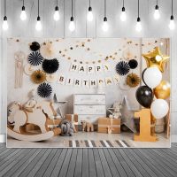 Balloons Bunting Happy 1st Birthday Decoration Photography Backgrounds Horse Toys Gifts Flowers Wall Party Photocall Backdrops