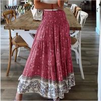 【CC】﹍❀  Ethnic Floral Print Skirts Elastic Waist Boho Ladies Beach