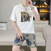 【Hot Sale】 High-end European casual suit mens summer thin fashion trendy short-sleeved T-shirt a set of light luxury