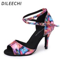 DILEECHI Latin Dance Shoes Women New Modern Floral PU Salsa Party Shoes Ballroom Dancing Shoes High Thin Heel 85Mm Soft Outsole