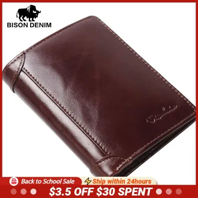 BISON DENIM Genuine Leather Men Wallets Vintage Trifold Wallet Card Holder Brand Cowhide Men Wallets Rfid Protection Male Purse