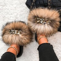 Fluffy Flip Flops Real Fox Raccoon Fur Slippers Designer Golden Chain Furry Fur Slides Plush Beach Slippers Women Summer Sandals