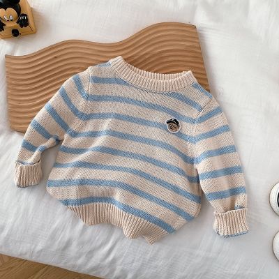 Spring School Style Boy Children Striped Knitted Sweater Kid Girl Embroidery Bear Long Sleeve Tops Baby Casual Pullover Shirts