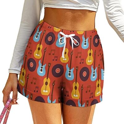 Music Instrument Pattern Printed High Waisted Beach Shorts for Women Elastic Casual Summer Shorts
